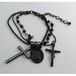 Bracciale Rosario 3 fili e grani neri con doppia croce e medaglietta