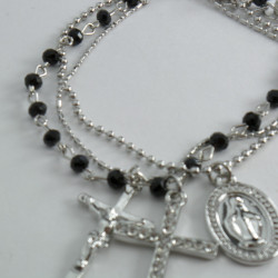 Bracciale Rosario 3 fili color argento e grani neri con doppia croce e medaglietta