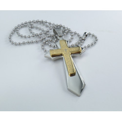 Collana modello pallinato argento con ciondolo a forma di Croce dorata con Padre Nostro