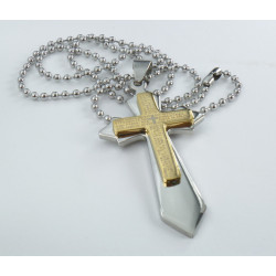 Collana modello pallinato argento con ciondolo a forma di Croce dorata con Padre Nostro