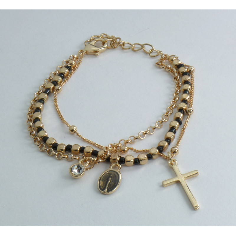 Bracciale Rosario 3 Fili Color Oro Grani Doppia Croce Medaglietta Madonna