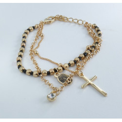 Bracciale Rosario 3 Fili Color Oro Grani Doppia Croce Medaglietta Madonna