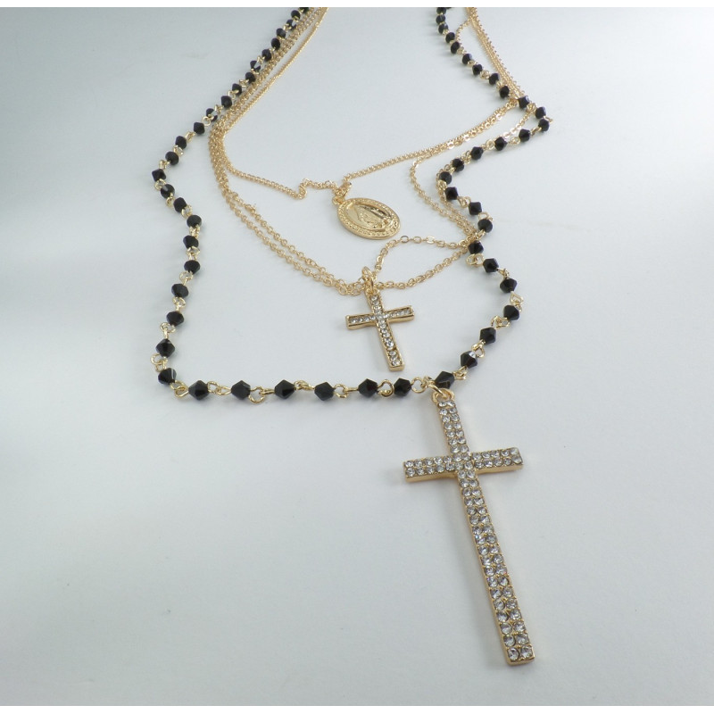 Collana Rosario 3 fili color oro e grani neri con doppia croce e medaglietta