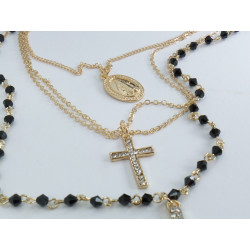 Collana Rosario 3 fili color oro e grani neri con doppia croce e medaglietta