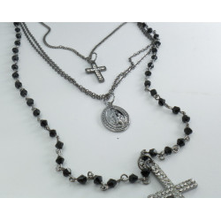 Collana Rosario 3 fili color argento e grani neri con doppia croce e medaglietta
