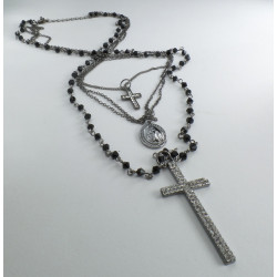 Collana Rosario 3 fili color argento e grani neri con doppia croce e medaglietta