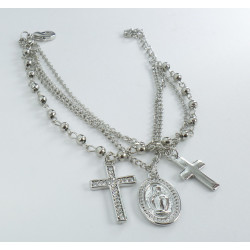 Bracciale Rosario 3 fili color argento con doppia croce e medaglietta