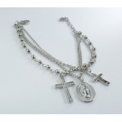 Bracciale Rosario 3 fili color argento con doppia croce e medaglietta