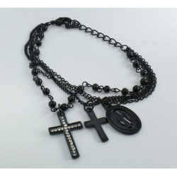 Bracciale Rosario 3 fili color nero con doppia croce e medaglietta