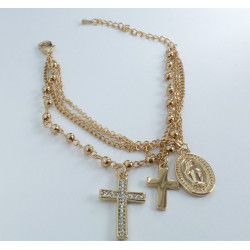 Bracciale Rosario 3 fili color oro con doppia croce e medaglietta