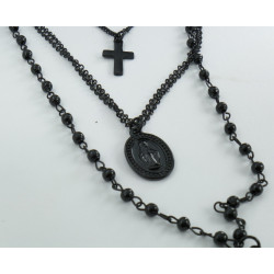 Collana Rosario 3 fili color nero con doppia croce e medaglietta