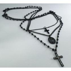 Collana Rosario 3 fili color nero con doppia croce e medaglietta