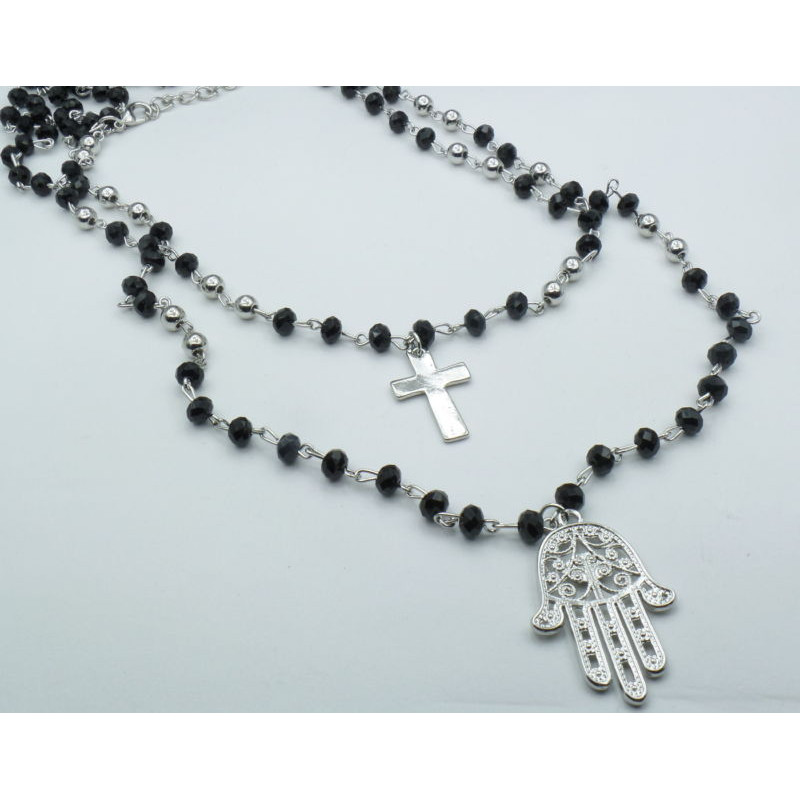 Collana Rosario color argento e sfere nere con Croce e Mano di Fatima 