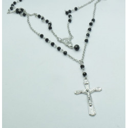 Collana rosario 3 fili color argento nero croce medaglietta religione uomo donna
