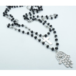 Collana Rosario color argento e sfere nere con Croce e Mano di Fatima 