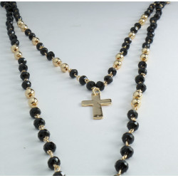 Collana Rosario color oro e sfere nere con Croce e Mano di Fatima 