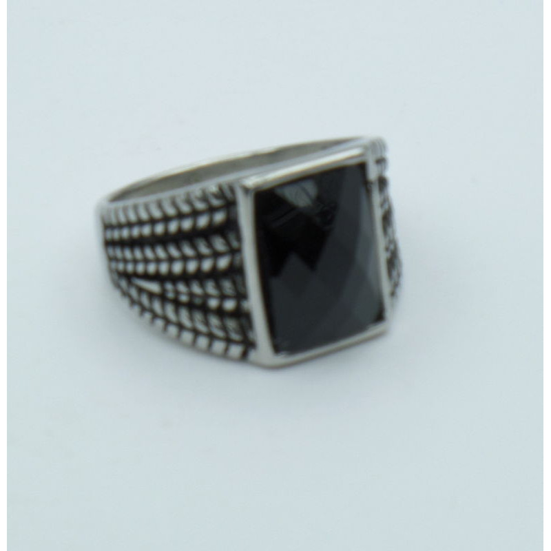 Anello con pietra nera da uomo rettangolare in acciaio ring stainless misura 22