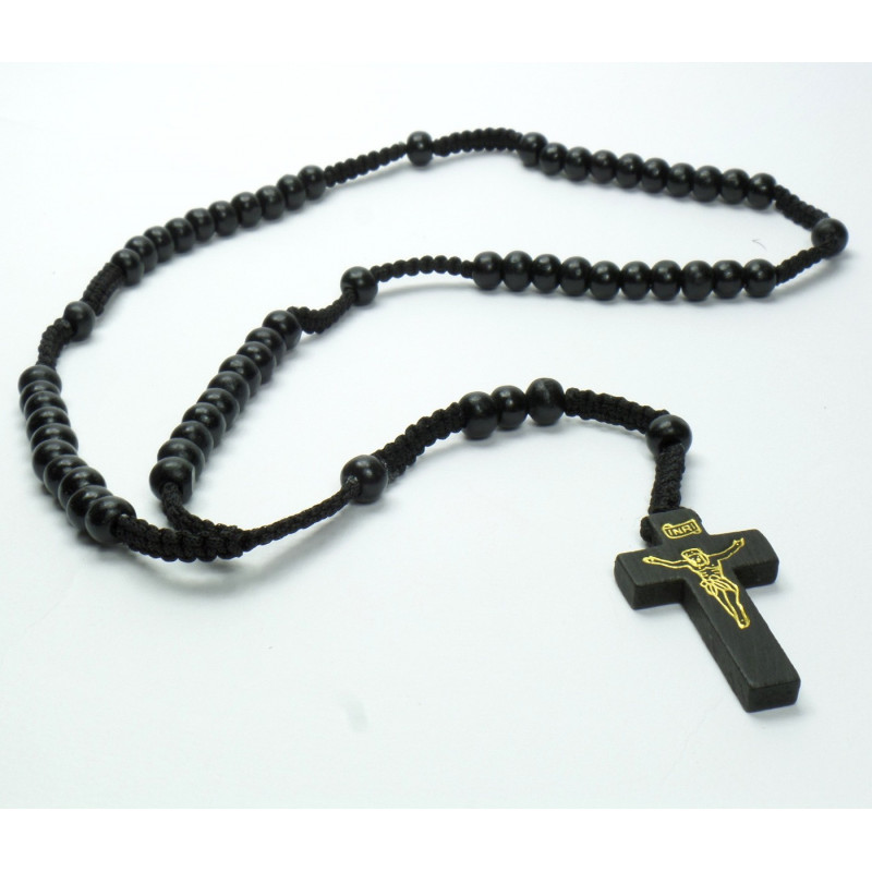 Collana Rosario con perline nere e Crocifisso in legno