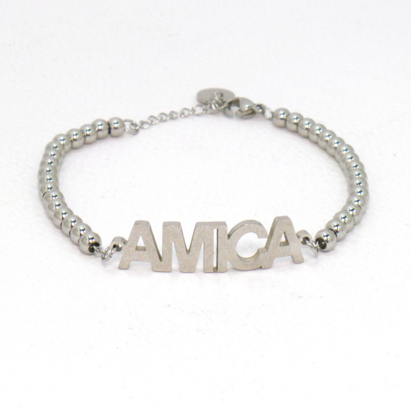 Bracciale in acciaio stainless steel con perline e scritta AMICA
