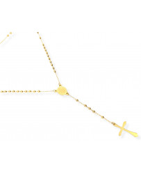Collana Rosario in Acciaio da Uomo Donna color Oro Giallo con grani perline 4 mm, medaglietta Madonnina e ciondolo Croce