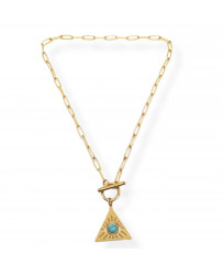Collana da Donna in Acciaio Girocollo Color Oro Giallo con Ciondolo Piramide con Occhio e Pietra Azzurra centrale