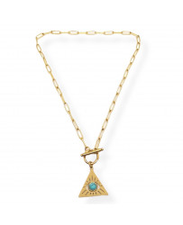 Collana da Donna in Acciaio Girocollo Color Oro Giallo con Ciondolo Piramide con Occhio e Pietra Azzurra centrale