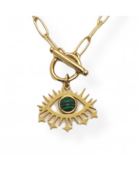 Collana da Donna in Acciaio Girocollo Color Oro Giallo Gold con Ciondolo Occhio e Pietra Verde centrale