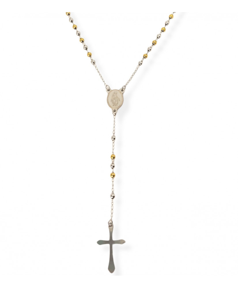 Collana Rosario in Acciaio da Uomo Donna con grani color Acciaio e Oro 4 mm medaglietta Madonnina e Croce